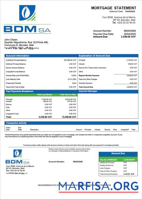 Downloadable Mali Banque du Développement du Mali (BDM) mortgage statement Word and PDF template